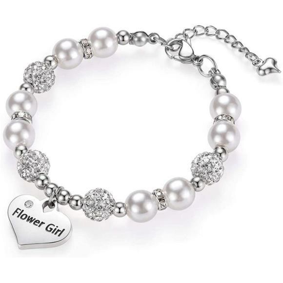 Flower Girl Bracelet Heart Pendant Rhinestone Charm Pearl Bracelet - Picture 6 of 6